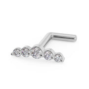 14K white gold diamond climber nose ring with L-shaped post, side view showing full profile