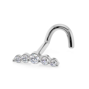 14K white gold CZ nose ring twist style with 5 graduated cubic zirconia stones, front view