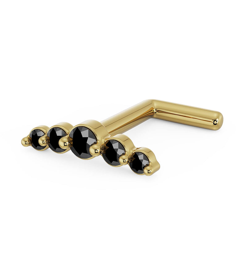 14K yellow gold black diamond climber nose ring with L-post, angled profile view