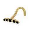 14K yellow gold climber nose ring with 5 black diamonds on twist post, angled view