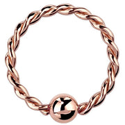 14K rose gold twisted fixed bead ring, front view highlighting warm rose tone and braided texture