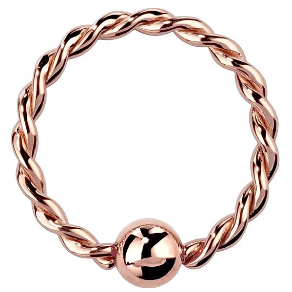 14K rose gold twisted fixed bead ring, front view highlighting warm rose tone and braided texture
