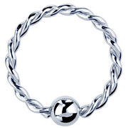 14K white gold twisted fixed bead ring with polished ball, front view of braided hoop design