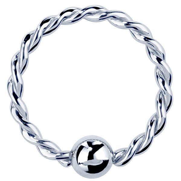 14K white gold twisted fixed bead ring with polished ball, front view of braided hoop design