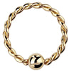 14K yellow gold twisted fixed bead ring, front view showing braided hoop and polished ball closure