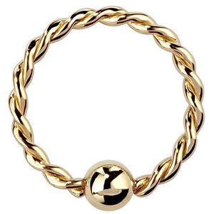 14K yellow gold twisted fixed bead ring, front view showing braided hoop and polished ball closure