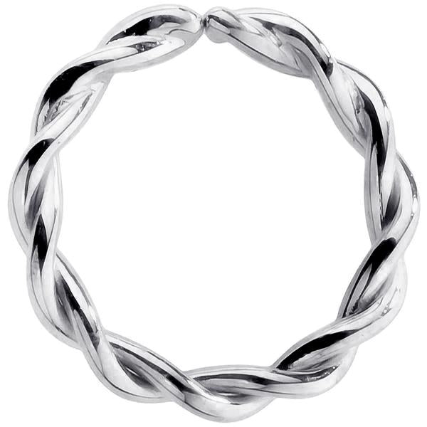 14K white gold twisted seamless ring hoop, front view showing high-polish braided texture
