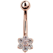 14k rose gold CZ flower belly button ring with 7 round cubic zirconia gems, front view on white background