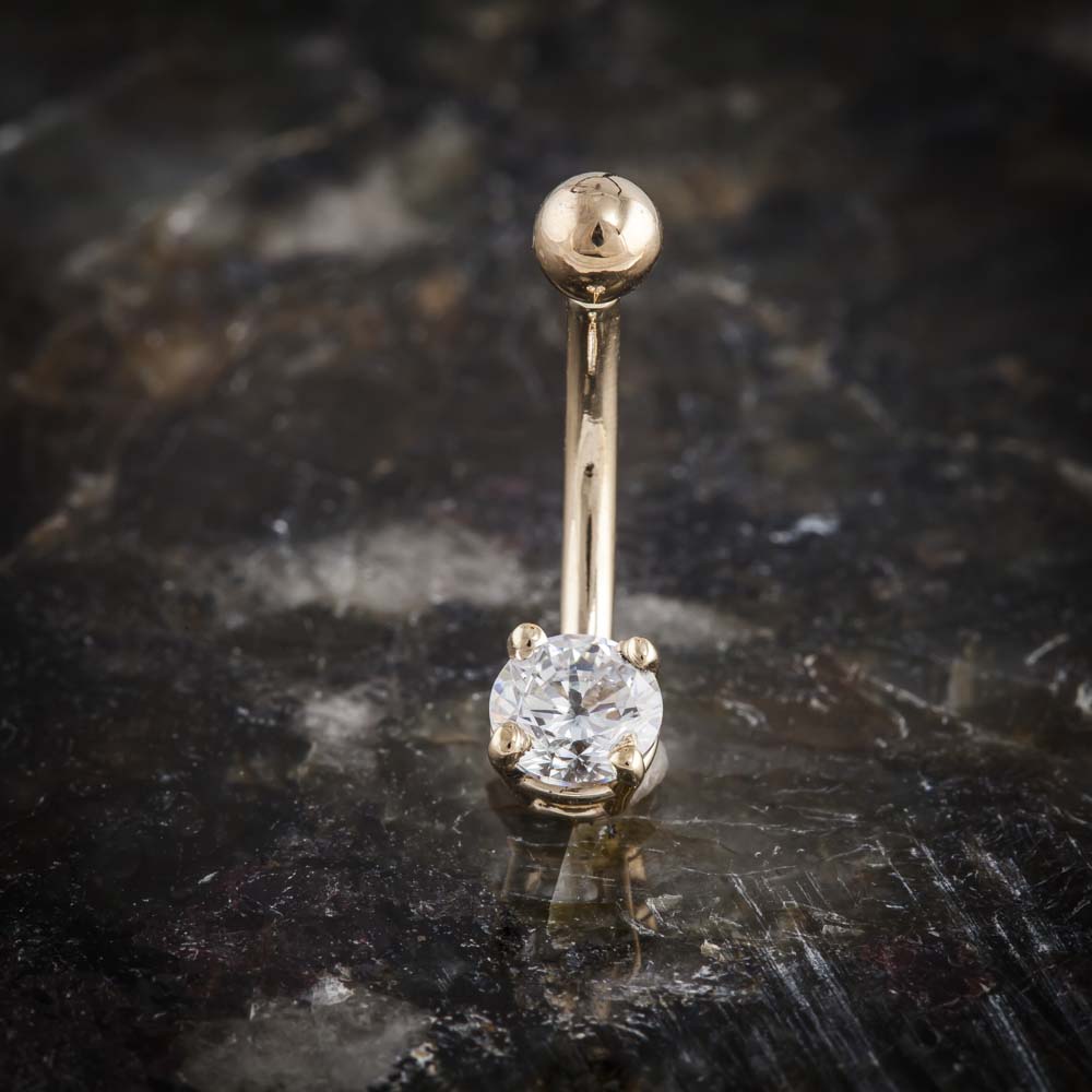 Round Solitaire Cubic Zirconia 14k Gold Belly Button Ring-14k Yellow Gold