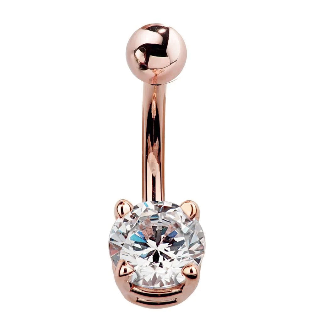 Round Solitaire Cubic Zirconia 14k Gold Belly Button Ring-14k White Gold