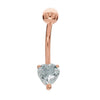 14k rose gold heart solitaire belly ring featuring 5mm CZ in prong setting, warm rose tone barbell