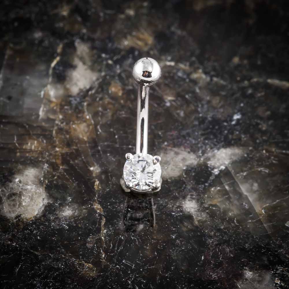 Round Solitaire Cubic Zirconia 14k Gold Belly Button Ring-14k White Gold