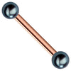 14K rose gold straight barbell with dark cultured peacock pearl ends, angled product view