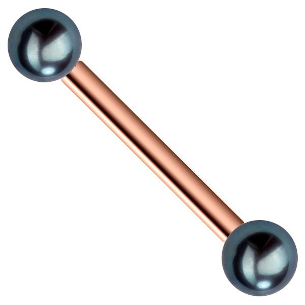14K rose gold straight barbell with dark cultured peacock pearl ends, angled product view