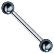 14K white gold straight barbell nipple ring with iridescent peacock cultured pearl ends