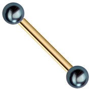 14K yellow gold straight barbell with dual peacock cultured pearl ends, front view