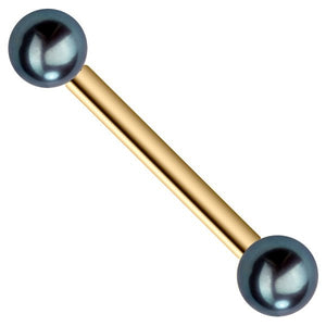 14K yellow gold straight barbell with dual peacock cultured pearl ends, front view