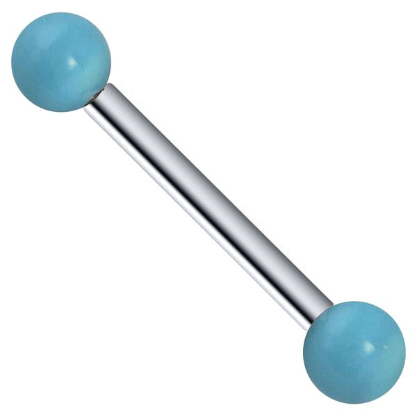 14K white gold straight barbell with simulated turquoise end balls, front view on white background