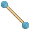 14K yellow gold straight barbell with simulated turquoise balls, front view on white background