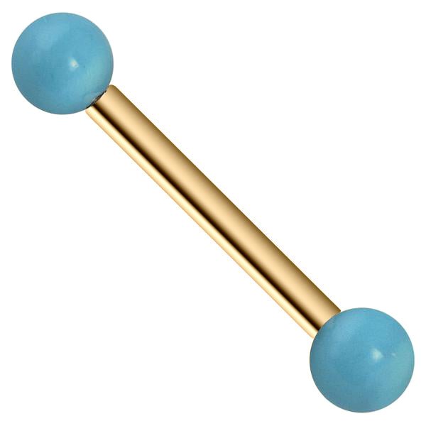 14K yellow gold straight barbell with simulated turquoise balls, front view on white background