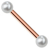 14K rose gold straight barbell with two white cultured freshwater pearls, front product view
