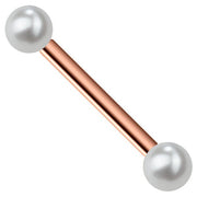 14K rose gold straight barbell with two white cultured freshwater pearls, front product view