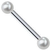 14K white gold straight barbell nipple tongue ring with two white cultured freshwater pearls