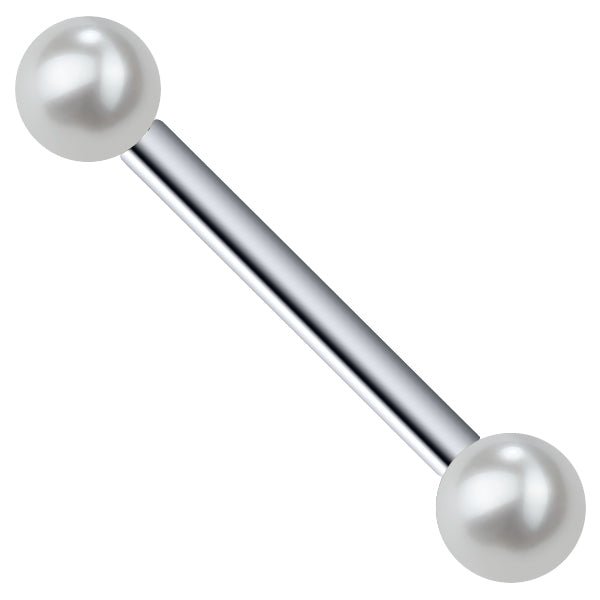 14K white gold straight barbell nipple tongue ring with two white cultured freshwater pearls