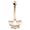 14k rose gold lotus flower belly ring with open petal charm, front view on white background