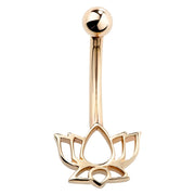 14k rose gold lotus flower belly ring with open petal charm, front view on white background