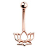 14k rose gold lotus flower navel ring front view showing open petals and curved barbell