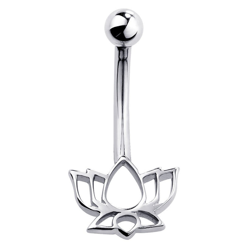 14k white gold lotus flower belly ring with open cutout petal design, front view