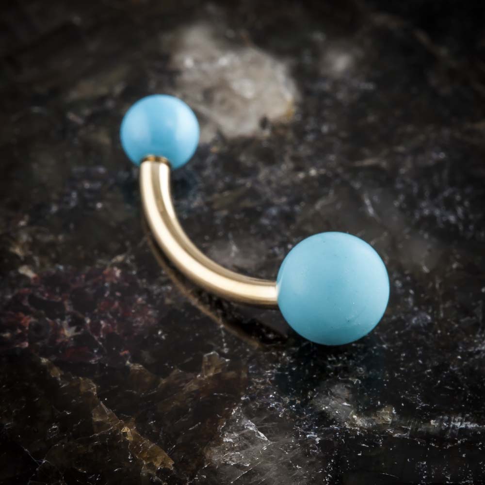 Simulated Turquoise Double Ball 14k Gold Belly Button Ring