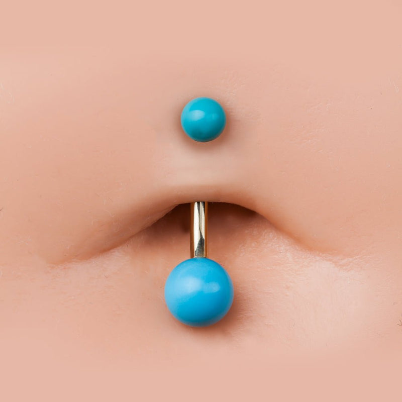 Turquoise double ball 14k gold belly button ring shown in navel piercing for fit reference