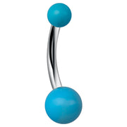 14k white gold belly ring with dual turquoise balls, front view on white background