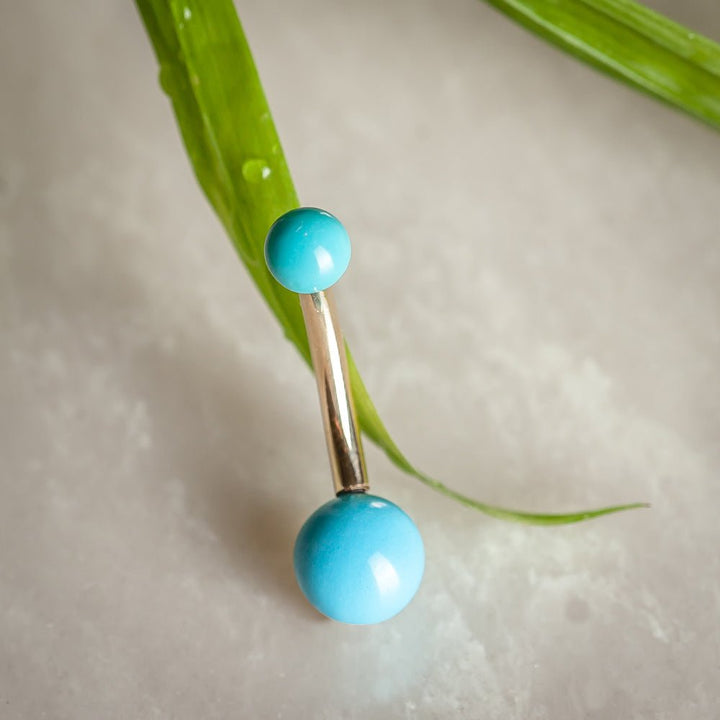 Genuine Turquoise Double Ball 14k Gold Belly Button Ring