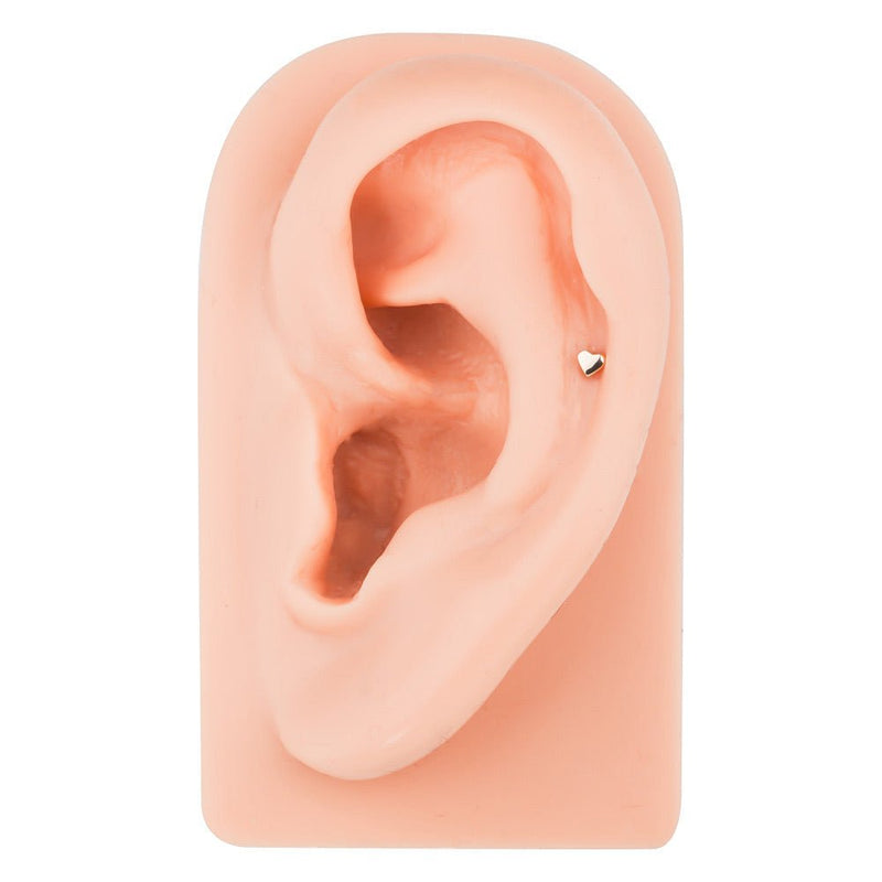 14k rose gold tiny heart cartilage stud shown in helix piercing on silicone ear model