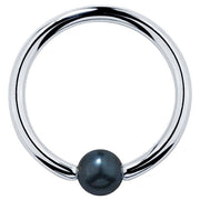 14K white gold captive bead ring with dark iridescent peacock pearl, front view