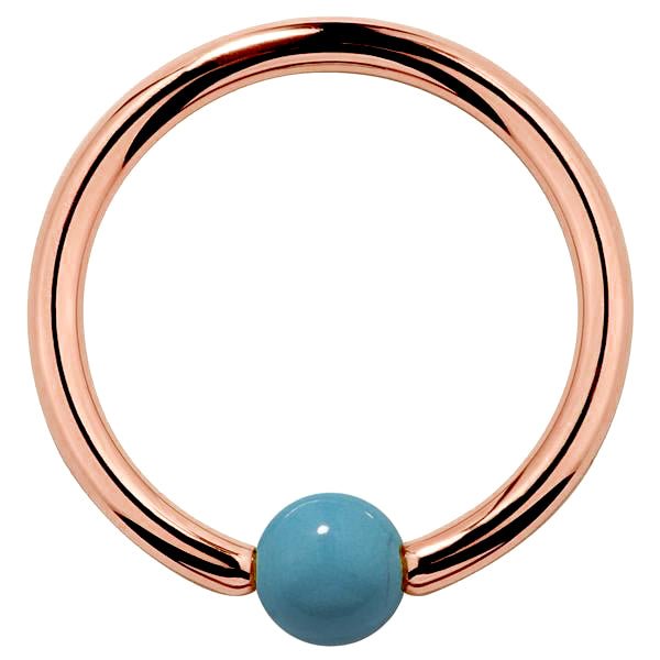 14K rose gold captive bead ring with faux turquoise 3mm bead, warm pink-gold hoop front view