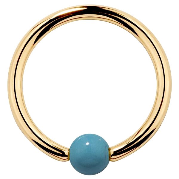 14K yellow gold captive bead ring with faux turquoise 3mm bead, polished hoop front view