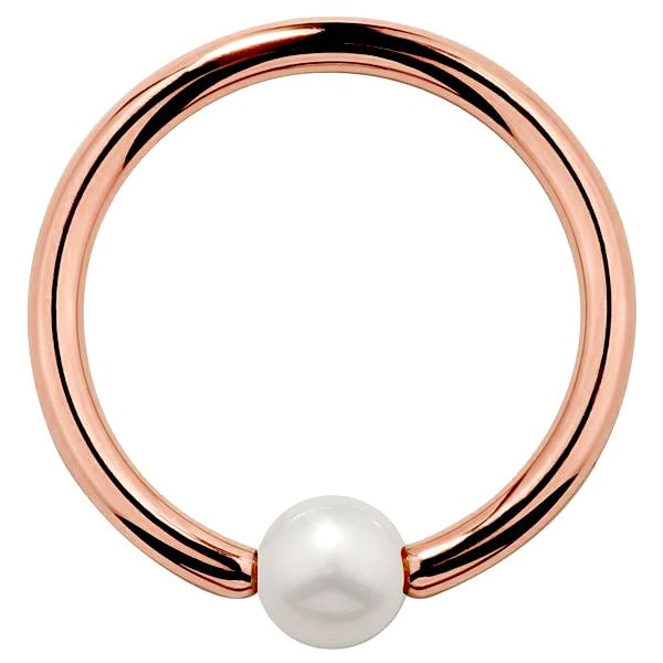 14K rose gold captive bead ring with white cultured pearl, warm-toned hoop front view