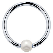 14K white gold cultured pearl captive bead ring, bright polished finish front view