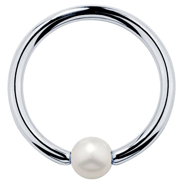 14K white gold cultured pearl captive bead ring, bright polished finish front view