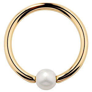 14K yellow gold captive bead ring with cultured pearl, polished hoop front view