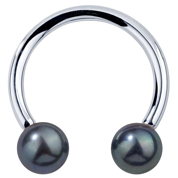 14K white gold circular barbell with two genuine peacock pearls, front view