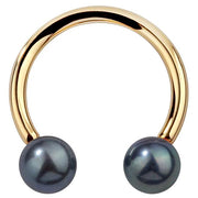 14K yellow gold peacock pearl circular barbell, front view showing iridescent dark pearl ends