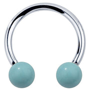 14K white gold circular barbell with faux turquoise stone balls, polished horseshoe shape
