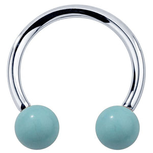 14K white gold circular barbell with faux turquoise stone balls, polished horseshoe shape