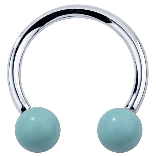 14K white gold circular barbell with faux turquoise stone balls, polished horseshoe shape