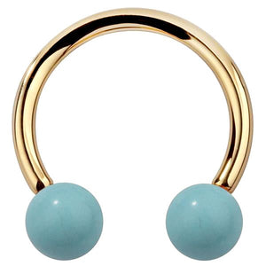14K yellow gold circular barbell with two synthetic turquoise ball ends, front view